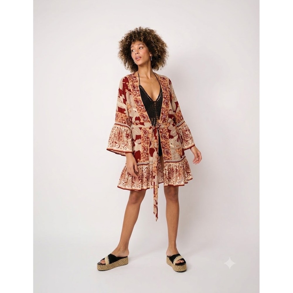 Z&L Europe Red Floral Bird Print Boho Wrap Mini Dress Bell Sleeve Small